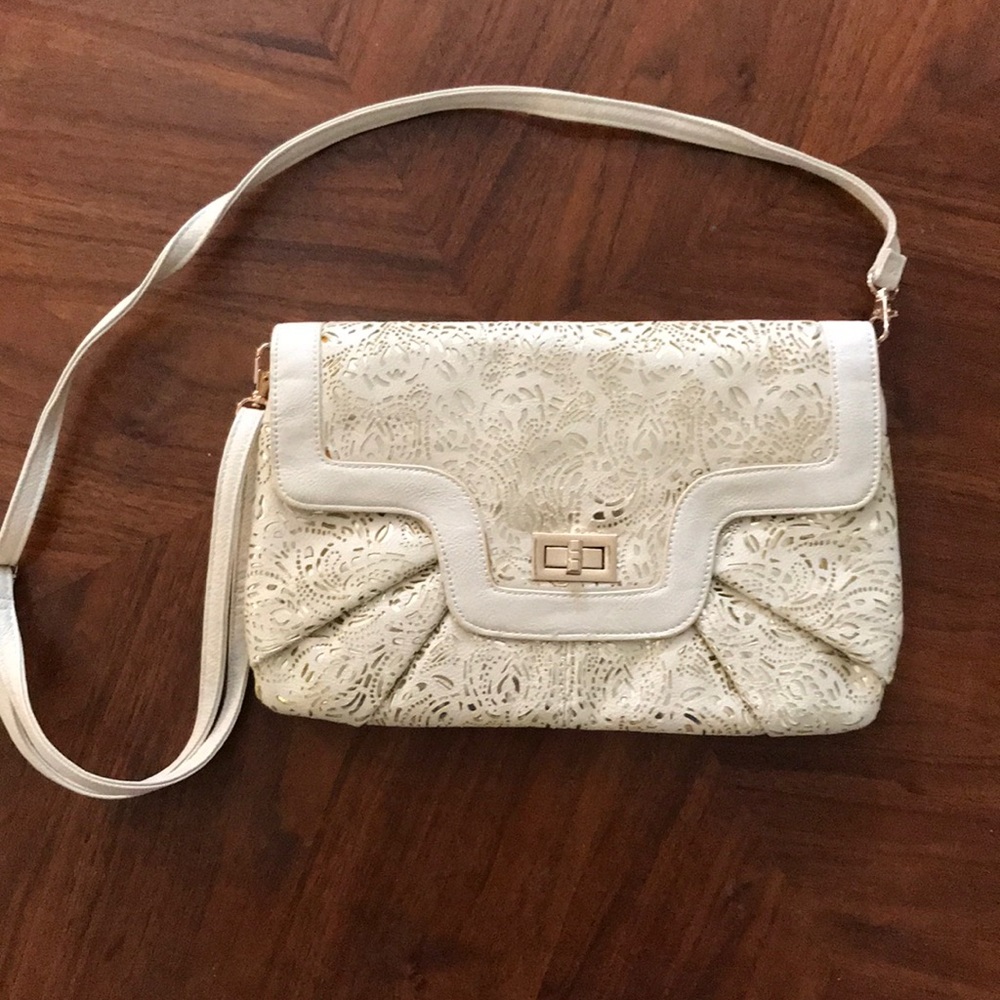 Call It Spring ivory cut work overlay metallic gold purse